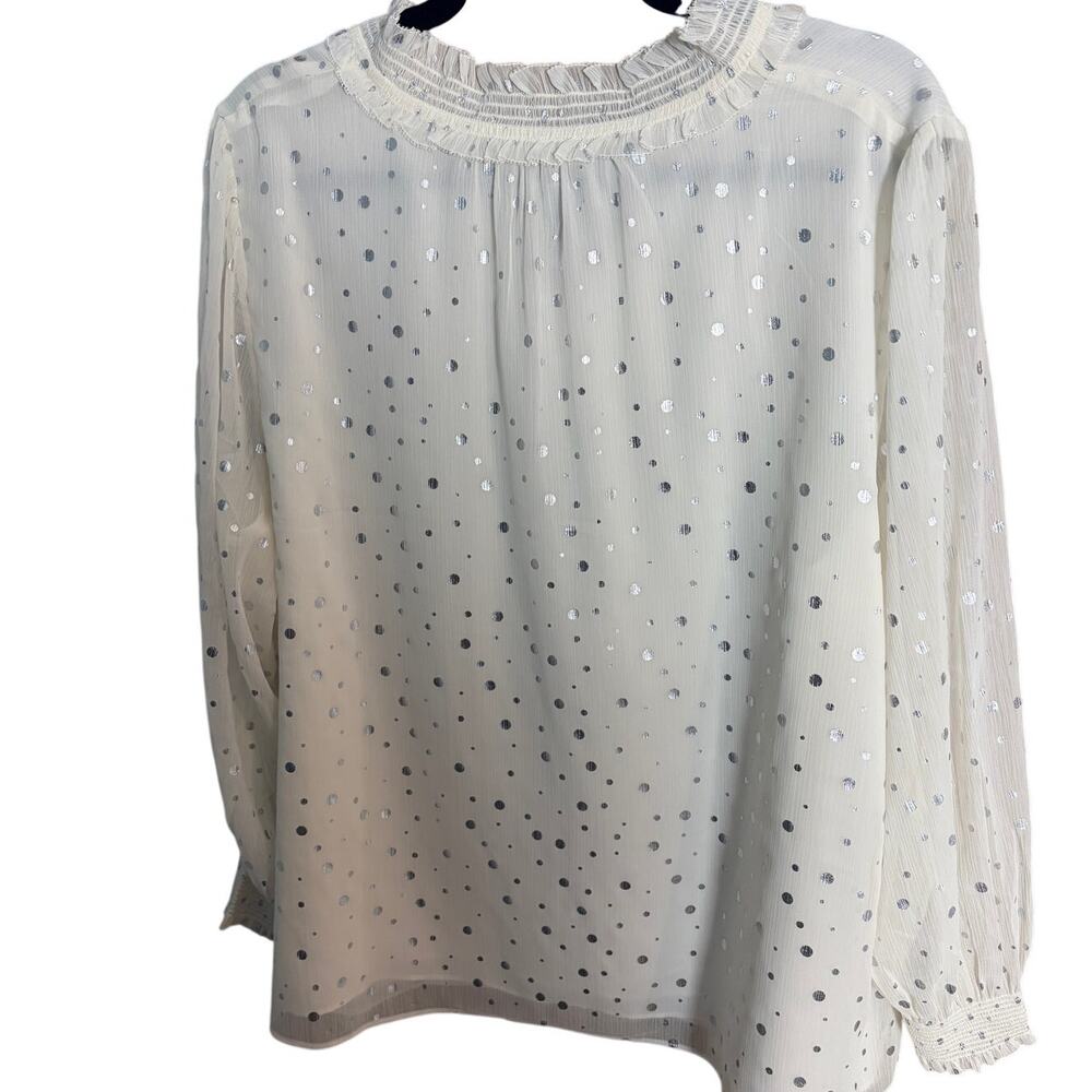 Talbots 2XP Petite‎ Silver Metallic Polka Dot Chiffon Blouse NWT Smocked Sleeve - Picture 2 of 7